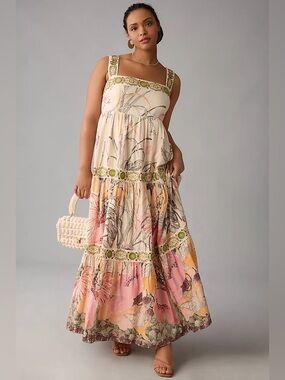 By Anthropologie Square Neck Floral Maxi Dress Size Small Petite (SP)